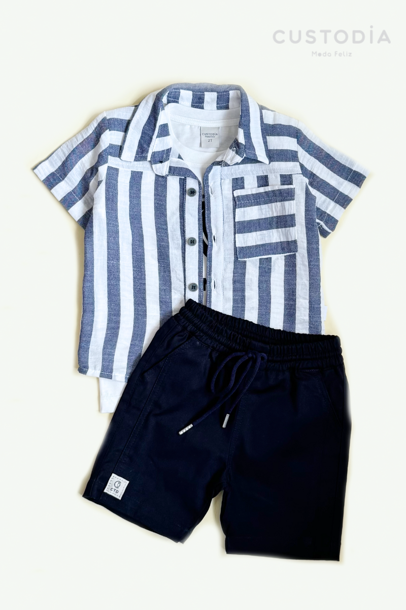Set 3 Prendas Camisa Rayas, Bermuda y Camiseta