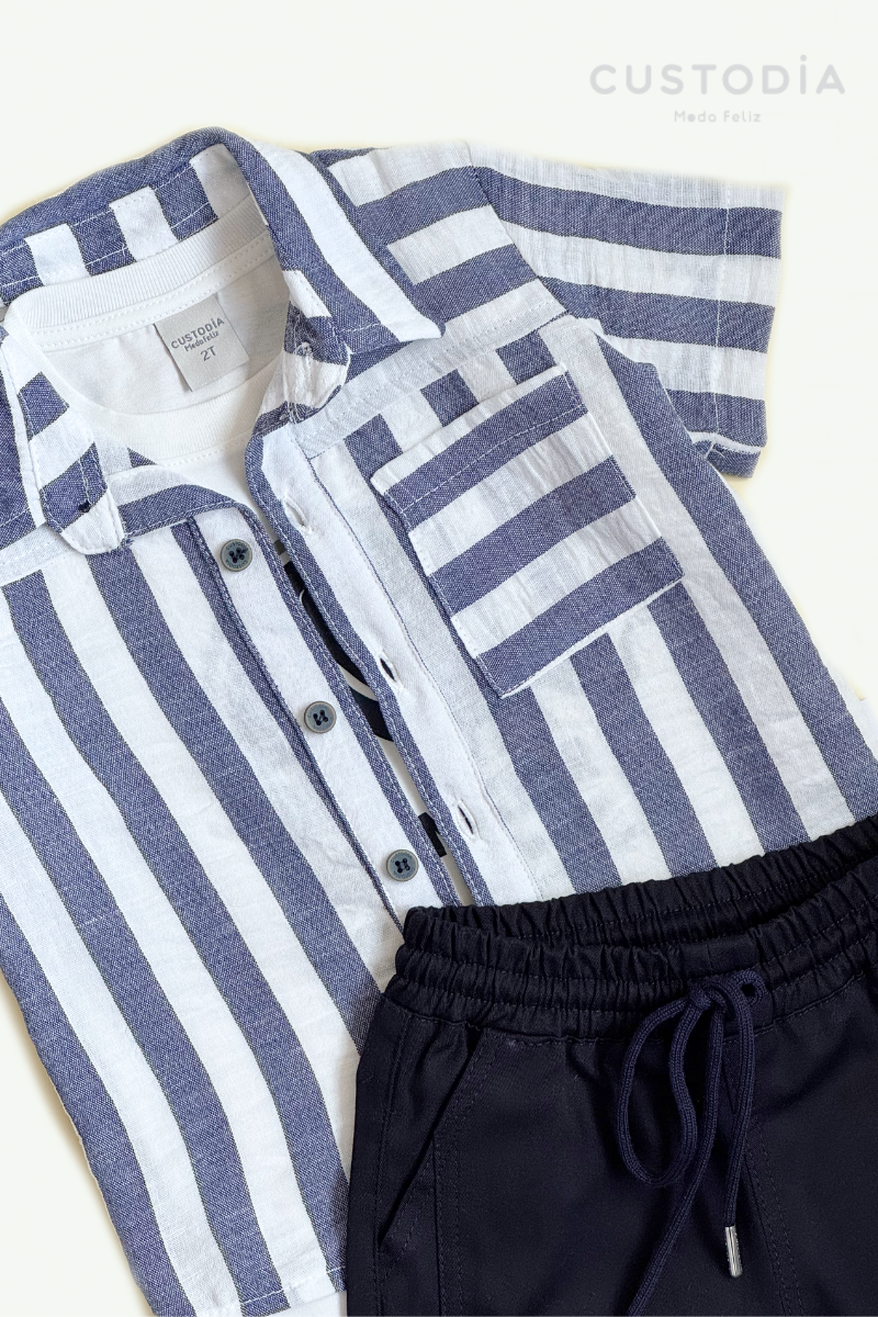 Set 3 Prendas Camisa Rayas, Bermuda y Camiseta