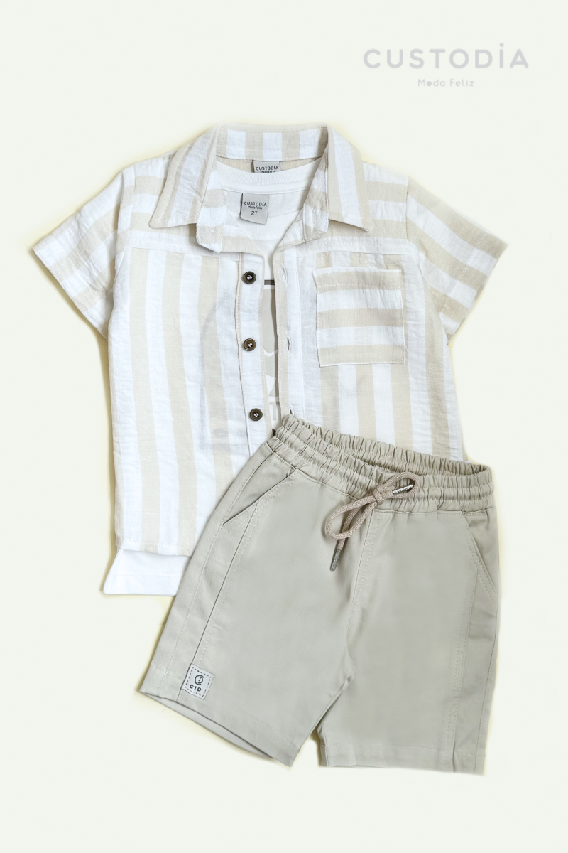 Set 3 Prendas Camisa Rayas, Bermuda y Camiseta
