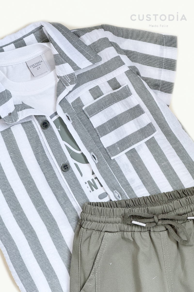 Set 3 Prendas Camisa Rayas, Bermuda y Camiseta