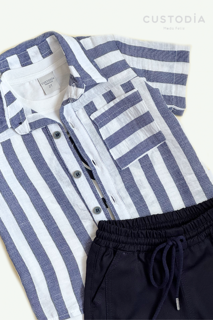 Set 3 Prendas Camisa Rayas, Bermuda y Camiseta