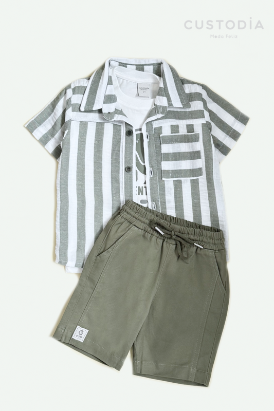 Set 3 Prendas Camisa Rayas, Bermuda y Camiseta