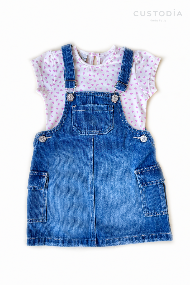 Set Jardinera Denim Corazones