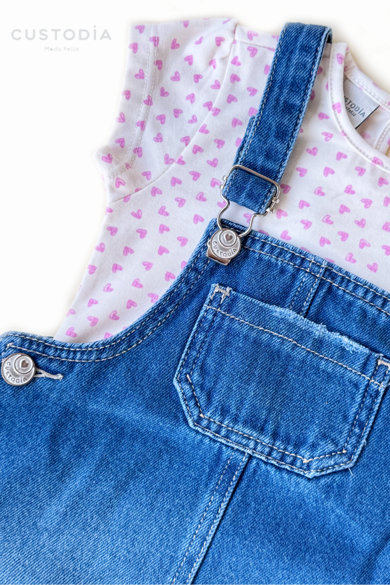 Set Jardinera Denim Corazones