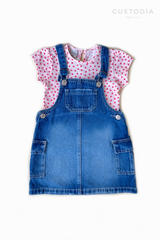 Set Jardinera Denim Corazones