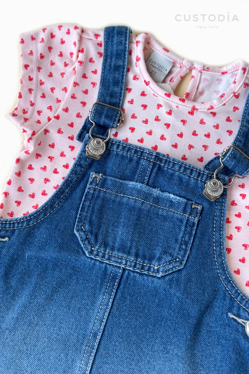 Set Jardinera Denim Corazones