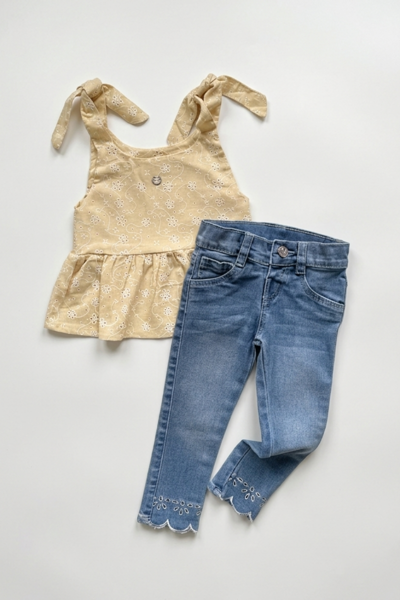 Set 2 Prendas Blusa en Ojalillo Jean con Bota Bordada