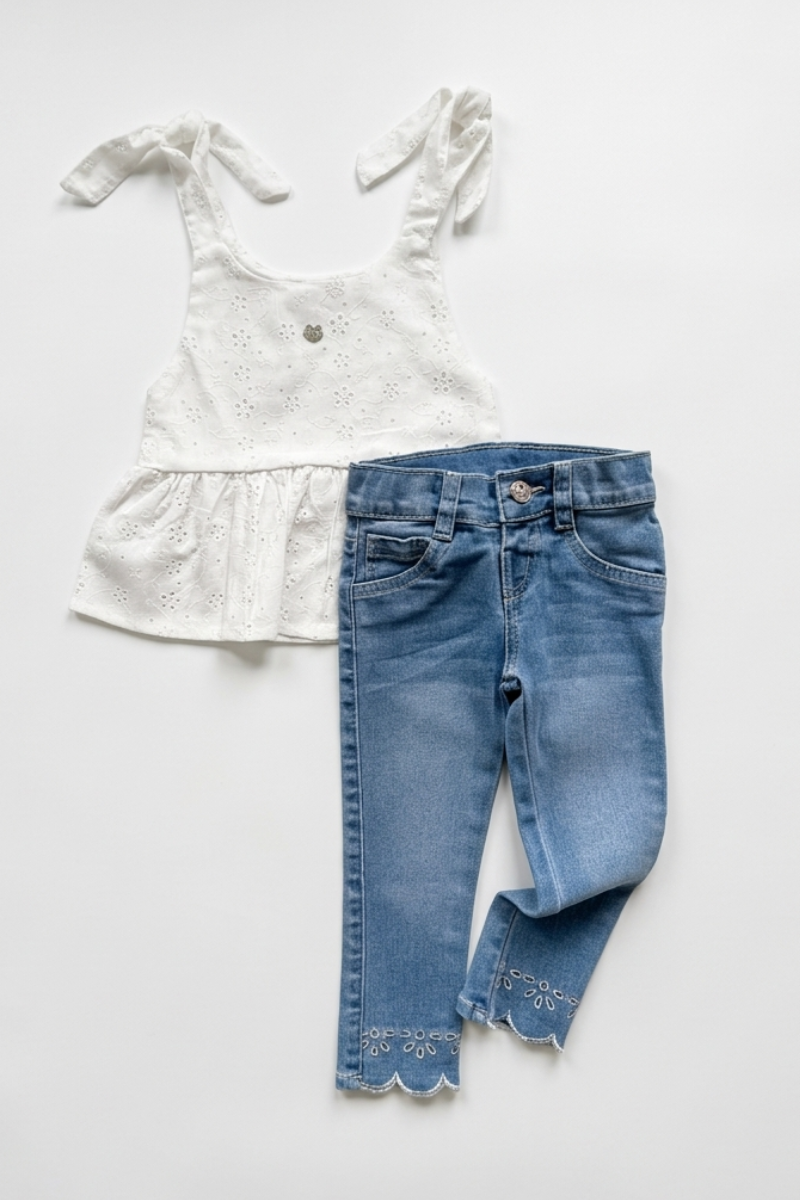 Set 2 Prendas Blusa en Ojalillo Jean con Bota Bordada