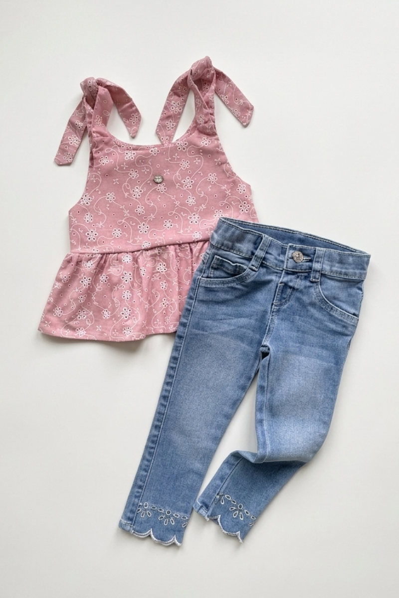 Set 2 Prendas Blusa en Ojalillo Jean con Bota Bordada