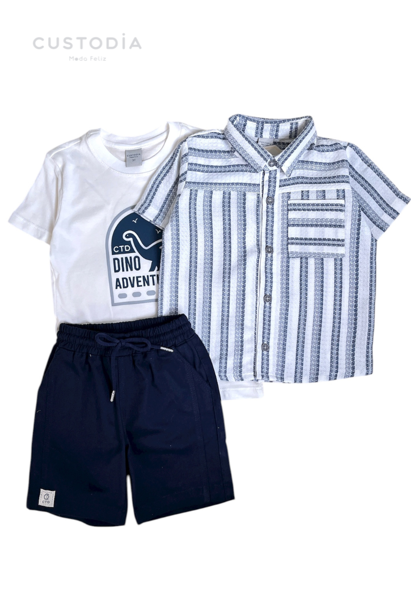 Set 3 Prendas Camisa Rayas, Bermuda y Camiseta